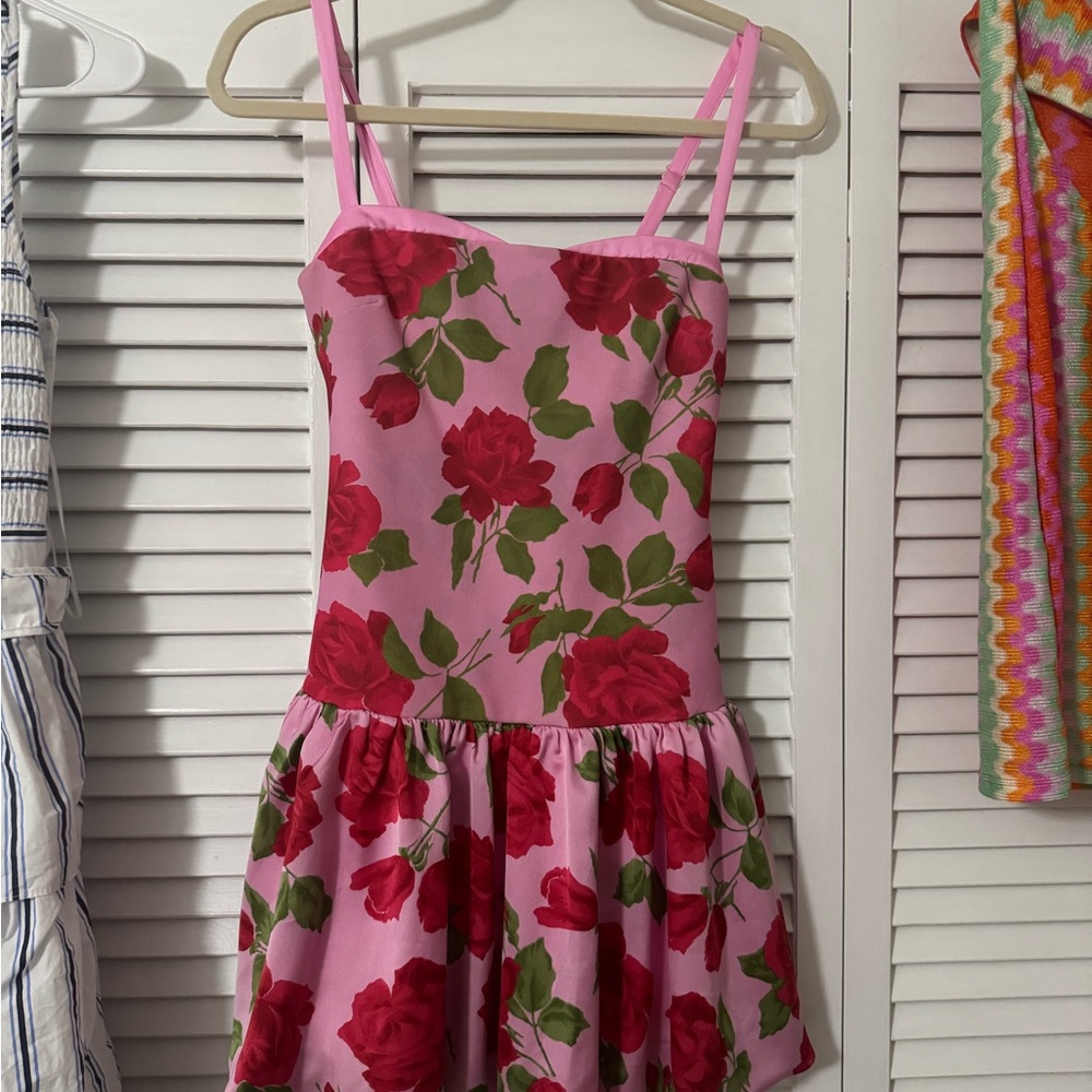 Pink Floral Dress with Red Roses